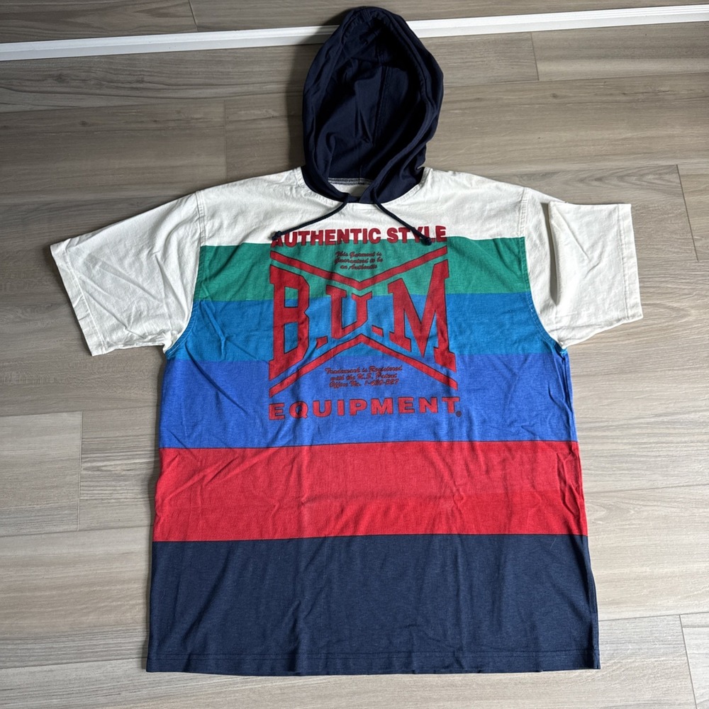 Vintage 90's BUM Equipment‎ Colorblock Hoodie Shirt Men's XL Blue Red Striped